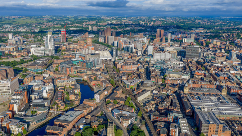 Leeds city centre, West Yorkshire, England, viewed from the east across the River Aire