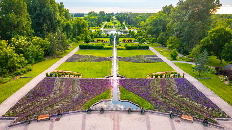 An aerial drone view of International Peace Garden