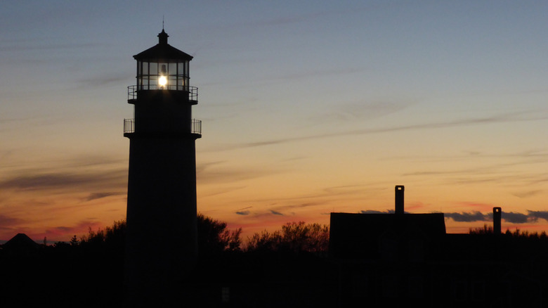 Silhouette of Cape Cod lighthouse at sunset