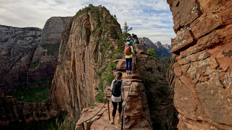 Hikers file along the thin section of rock before the final ascent to Angel's Landing.