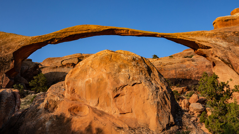 Landscape Arch at sunrise near Moab, Utah, in Arches National Park.