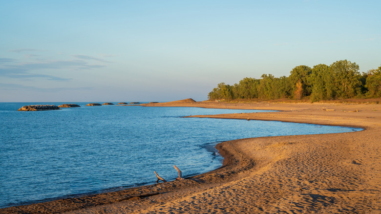 The Lake Erie shoreline along a sandy beach at Presque Isle State Park, Erie, Pennsylvania