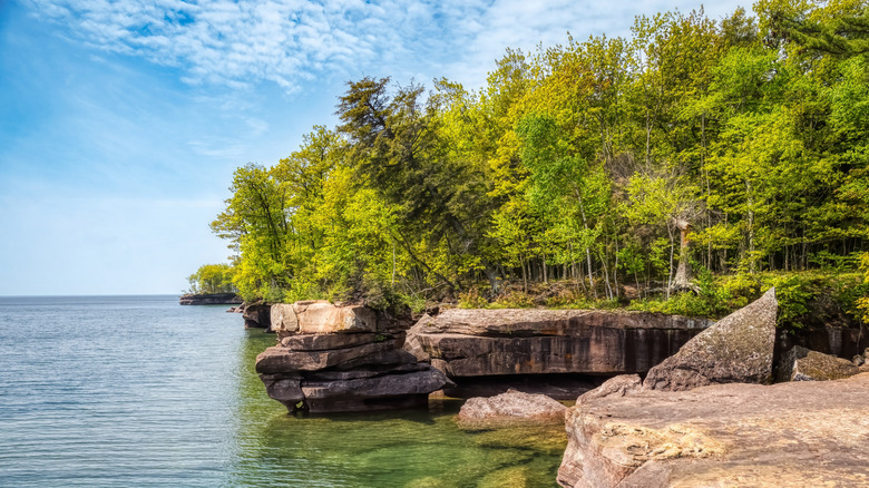 Rocky coastline of Lake Superior in Big Bay State Park in La Pointe on Madeline Island, Wisconsin