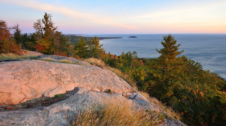 Sugarloaf Mountain and Little Presque Isle at sunrise in Marquette, Michigan