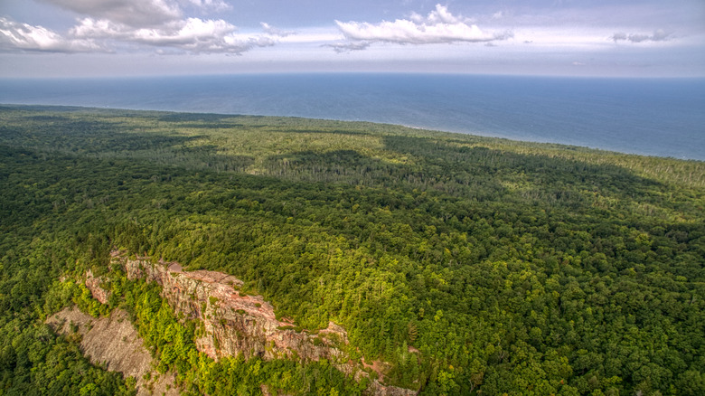 An aerial view of Lake Superior from Porcupine Mountains Wilderness Area State Park, Michigan