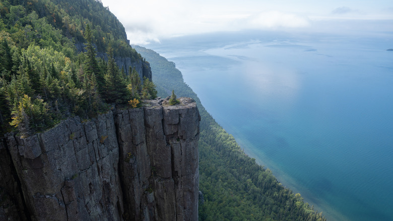 A scenic view from the top of the cliffs at Sleeping Giant Provincial Park, overlooking Lake Superior