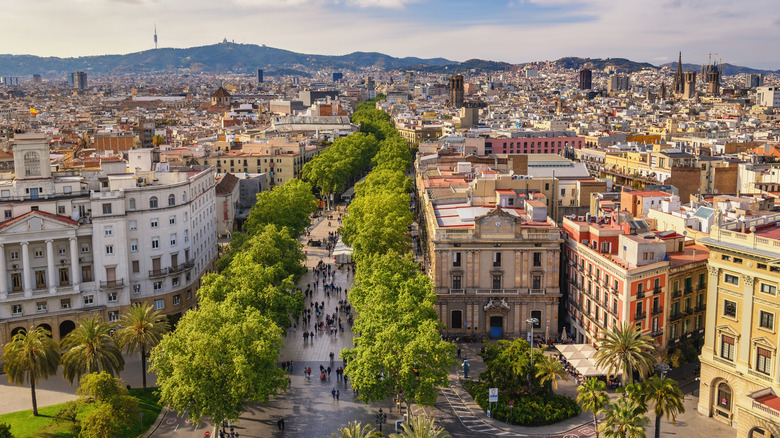 High angle view city skyline at La Rambla street, Barcelona, Spain