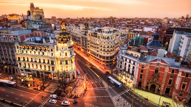 Aerial view of Gran Via at dusk from Circulo de Bellas Artes in Madrid, Spain