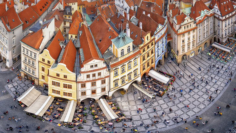 Aerial shot of Prague's town square in the Czech Republic