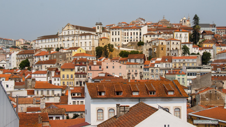 Top of Coimbra buildings from above in Portugal