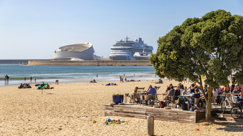 Beach with cruise ship in Matosinhos