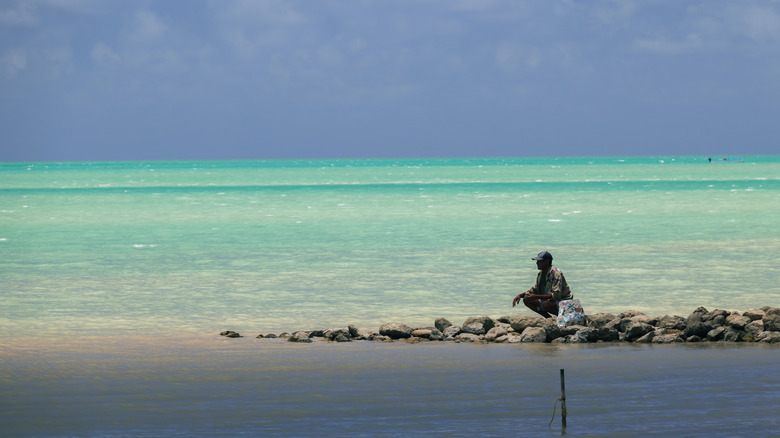 Fisherman crouched on the rocks on Rodrigues island, Mauritius