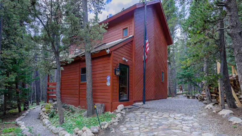 Exterior of a redwood cabin with a cobblestone driveway and spruce trees