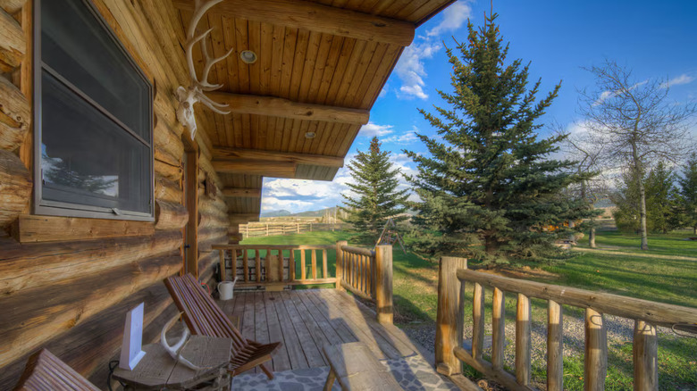 Exterior porch of a log cabin with a deer skull as decor