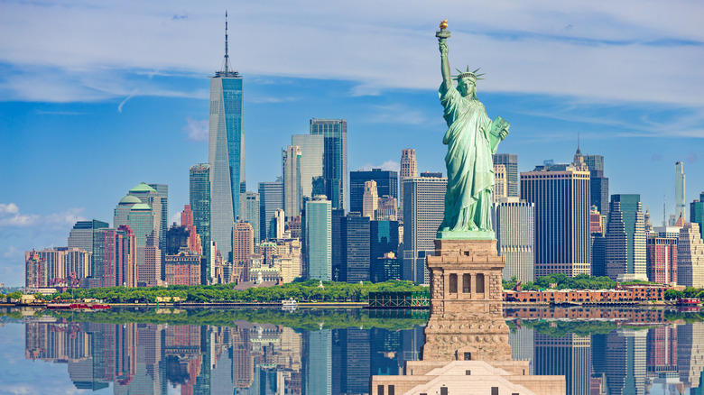 A view of the New York skyline and Statue of Liberty