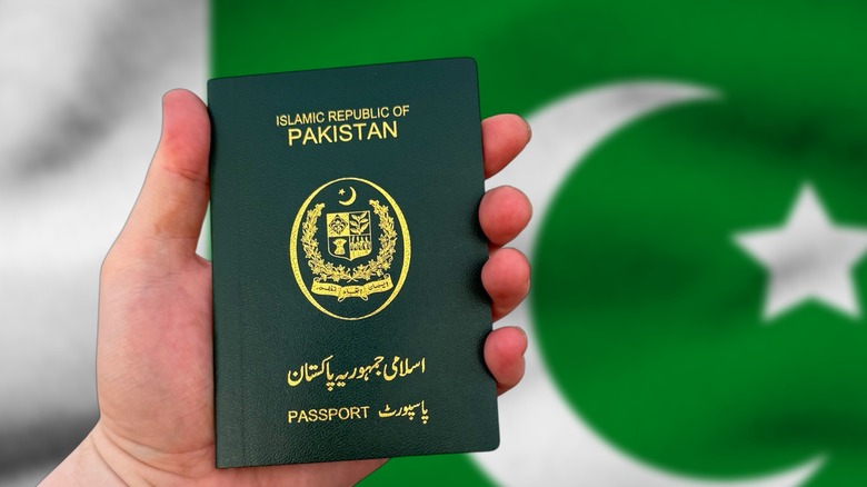 Hand holding a Pakistani passport with Pakistan's flag in the background