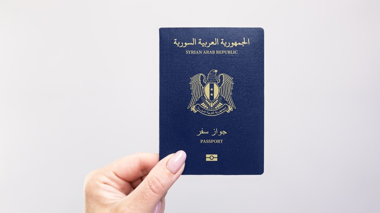 A hand holding a Syrian passport