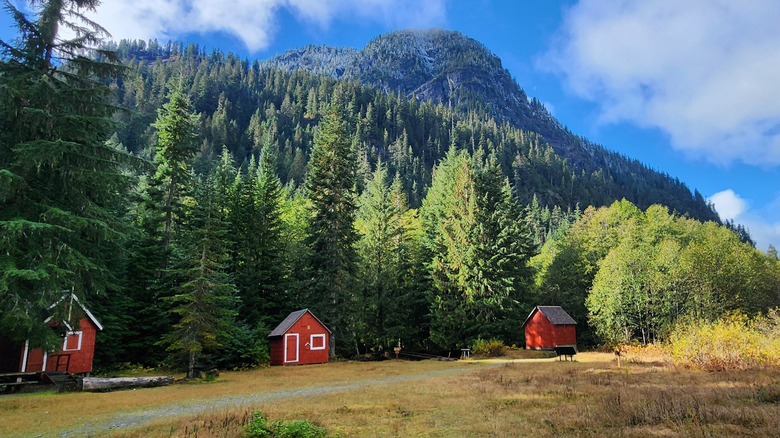 Red-and-white buildings surrounded by forest-covered mountains in Monte Cristo, Washington