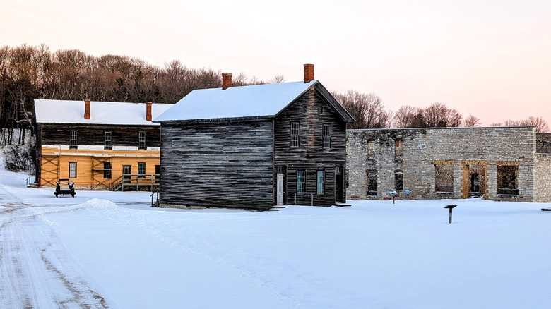 Abandoned Fayette, Michigan buildings in winter