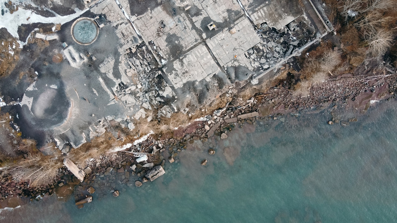 Aerial view of Champion Mill ruins in Freda, Michigan