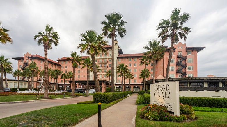 The facade of the Grand Galvez in Galveston, Texas