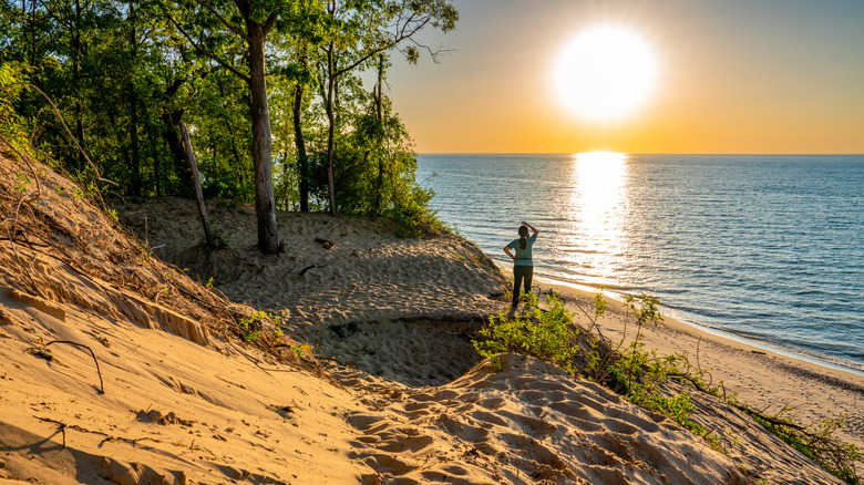 A person watching a sunset at Indiana Dunes National Park