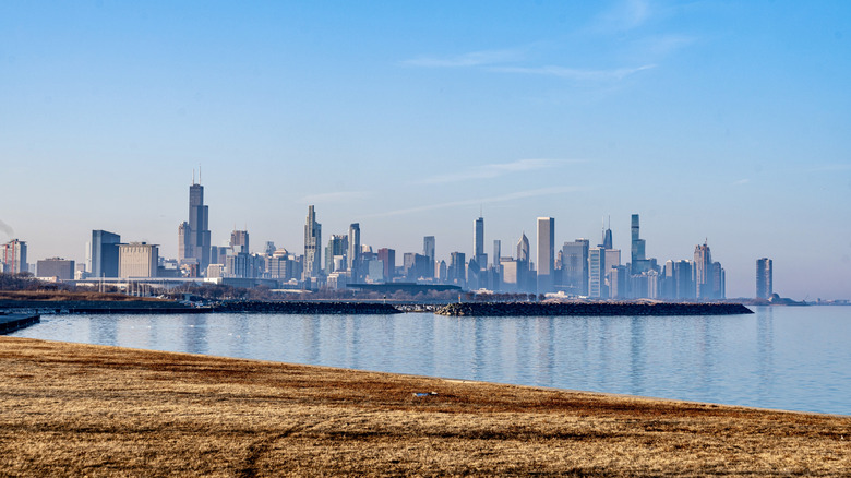 A view of the Chicago skyline from the south side at Margaret T. Burroughs Beach