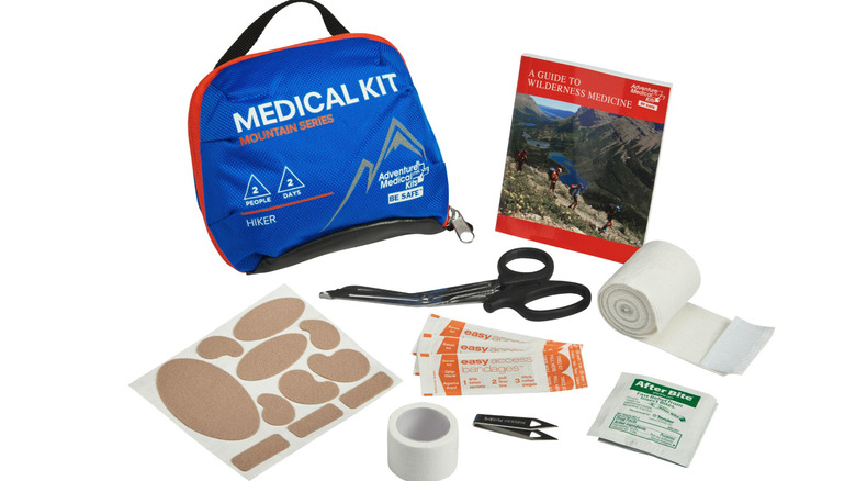 The contents of the Adventure medical kit hiker model on display