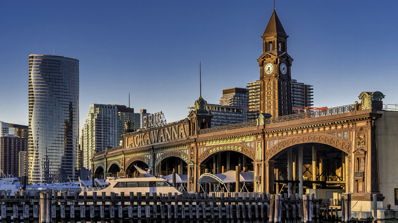The historic Hoboken Lackawanna terminal at sunset