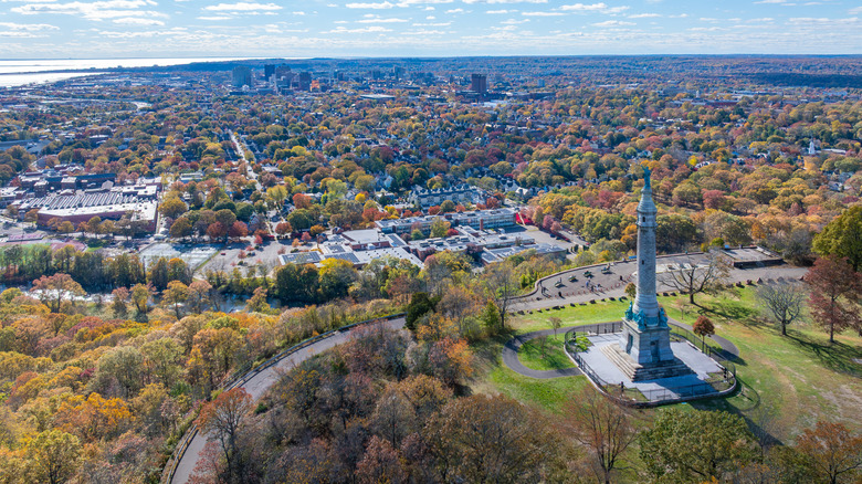 An aerial view of New Haven, Connecticut, in fall
