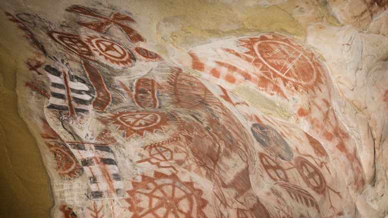 Intricate red paintings inside Chumash Painted Cave