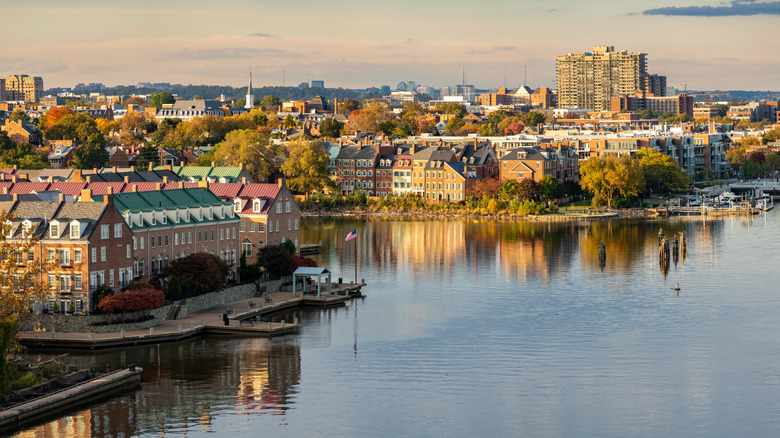 Alexandria skyline by the Potomac River at dusk