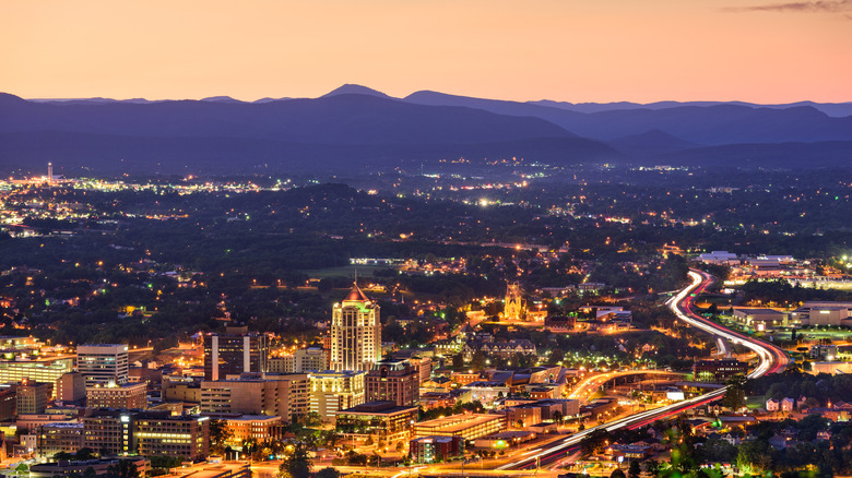 Roanoke skyline at sunset with mountains visible