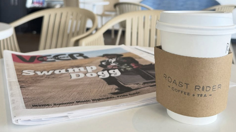 Roast Rider coffee and a local paper