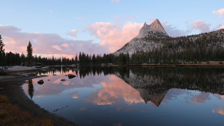 The jagged top of a mountain above one of the Cathedral Lakes