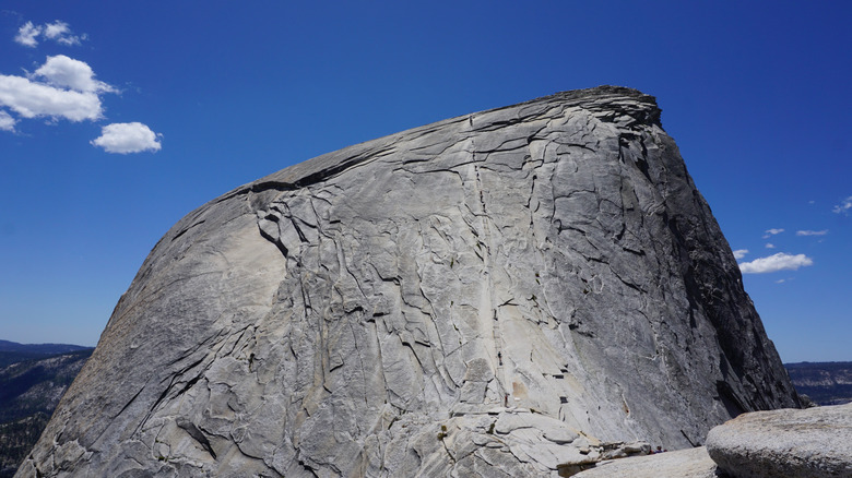 A wide angle of the final, hard ascent up the Half Dome cables section