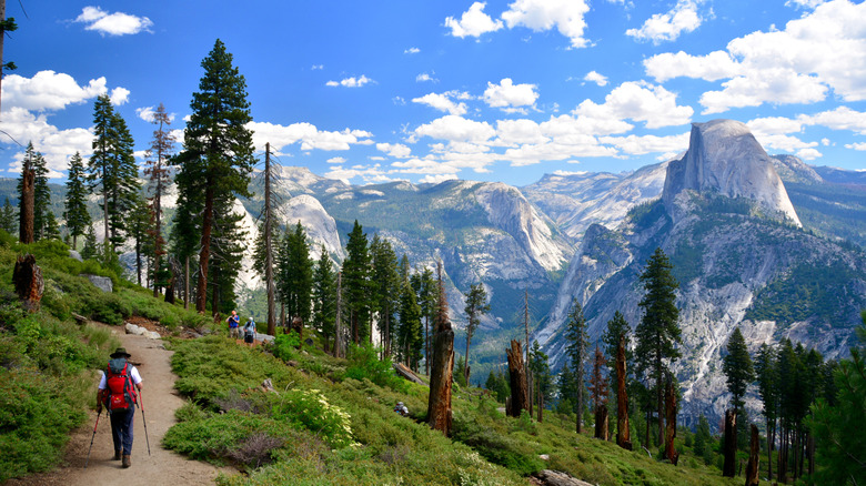 A hiker on a path high above the Yosemite Valley