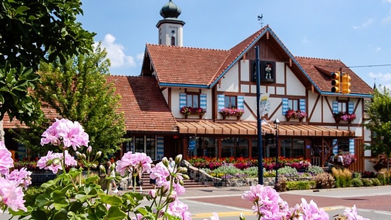 Bavarian-style architecture with flowers in bloom in Frankenmuth