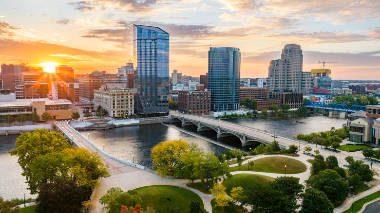Sunset over Grand Rapids skyline