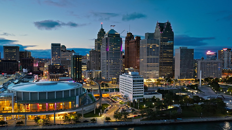 Nighttime skyline view of Detroit downtown
