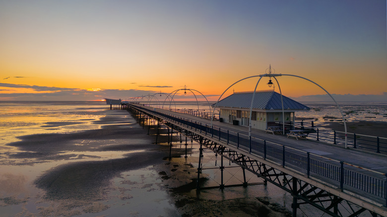 Aerial view of Southport Pier with Stunning Sunset, Southport, Merseyside, UK