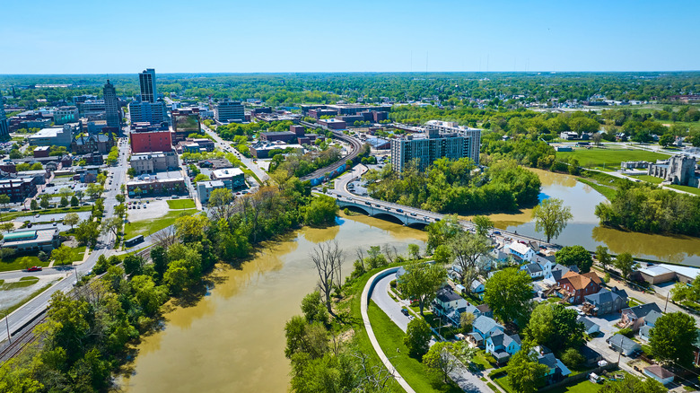An overhead shot of Fort Wayne, Indiana, where three rivers intersect