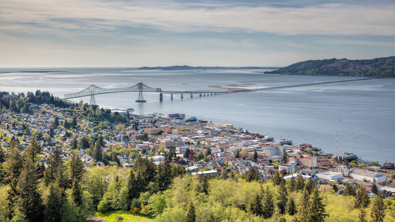 Aerial view of Astoria, Oregon, with a bridge over the water