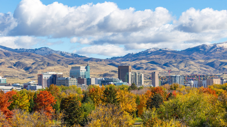 The cityscape of Boise, Idaho, with green, yellow, and red trees in the foreground