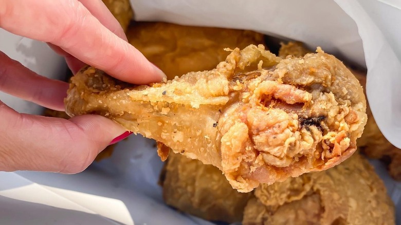 A person holding a chicken leg from Hollyhock Hill