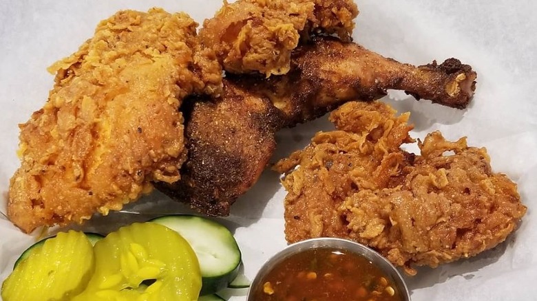 Spiced tandoori fried chicken with pickle side from Shani's