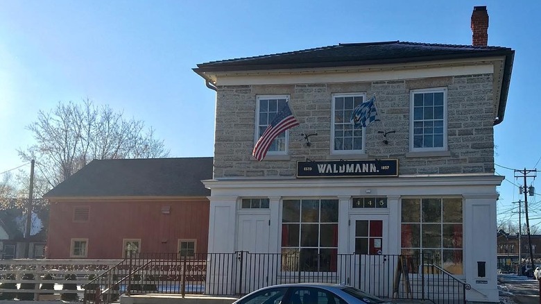 Stone and wood exterior of Waldmann Brewery, Minneapolis, Minnesota