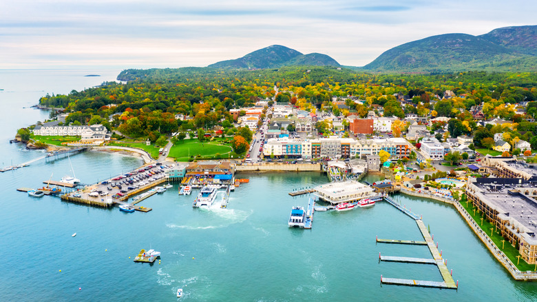 Aerial view of Bar Harbor on Mount Desert Island, Maine