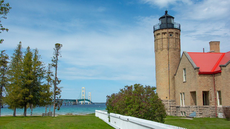 A lighthouse and bridge on Mackinac Island, Michigan