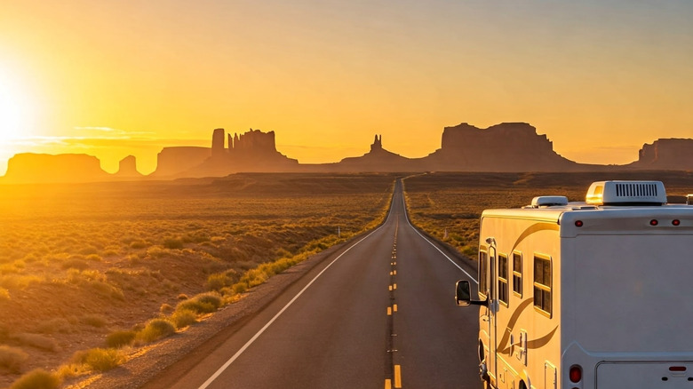 An RV driving across the desert at sunset